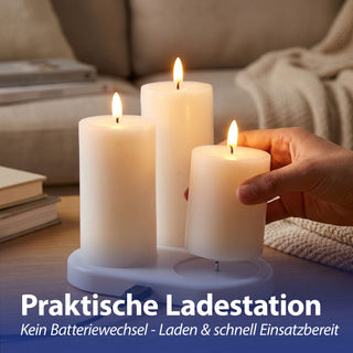 LED Echtwachs Kerze 3er Set mit Ladestation Wachs 3 Größen Kerzenset Flackerfunktion Fernbedienung batteriebetrieben USB-C Ladekabel