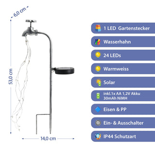 LED Solar Gartenstecker Wasserhahn 6x53x14cm 24 warmweiße LEDs Eisen Kunststoff Akkubetrieben On-/Off-Schalter Erdspieß IP44 Lichtsensor