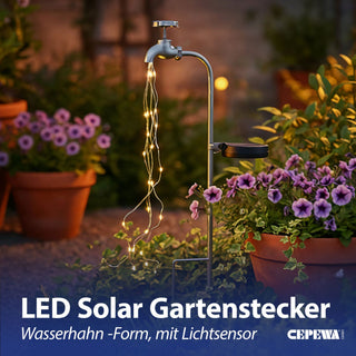 LED Solar Gartenstecker Wasserhahn 6x53x14cm 24 warmweiße LEDs Eisen Kunststoff Akkubetrieben On-/Off-Schalter Erdspieß IP44 Lichtsensor