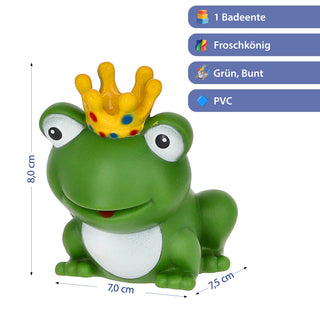 Badeente Froschkönig 7x8x7,5cm PVC grün weiß gelb Badespielzeug Quietscheente Badewanne Frosch Krone Badebegleiter Märchenfigur