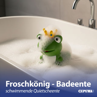 Badeente Froschkönig 7x8x7,5cm PVC grün weiß gelb Badespielzeug Quietscheente Badewanne Frosch Krone Badebegleiter Märchenfigur