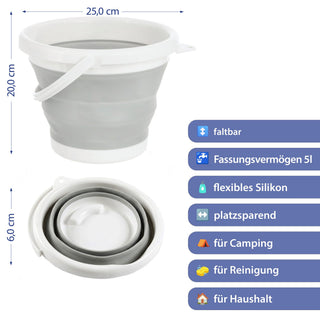 Falteimer 5l grau weiß Ø25x6cm Kunststoff Eimer faltbar Silikoneimer mit Henkel Putzeimer Campingeimer Haushaltseimer