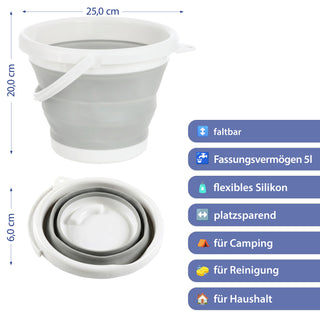 Falteimer 5l grau weiß Ø25x6cm Kunststoff Eimer faltbar Silikoneimer mit Henkel Putzeimer Campingeimer Haushaltseimer