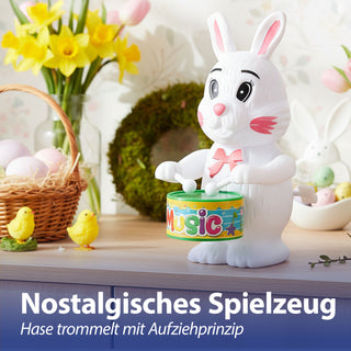 Aufziehfigur Hase mit Trommel 9x12x7cm weiß mehrfarbig Kunststoff Aufziehspielzeug Osterdekoration Osterhase hüpfend