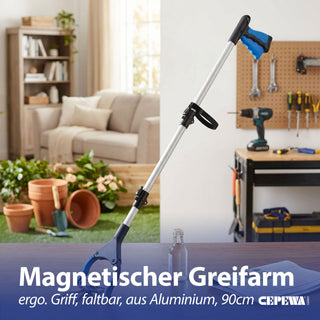 Greifarm mit Magnet 3x91x10cm Kunststoff Aluminium Greifhilfe Werkzeug klappbar Magnetfunktion Haushaltshilfe rückenschonend