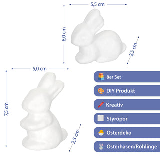 DIY Osterhase 8er Set zum Bemalen Styropor stehend sitzend Styropor-Hasen Osterdekoration basteln Hasen kreativ gestalten