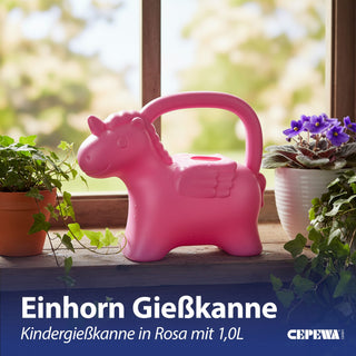 Gießkanne Einhorn Kunststoff rosa 22x19x10cm 1 Liter Kinder-Gießkanne Kanne Wasserkanne Gartenzubehör Motivkanne zum Gießen für Blumen