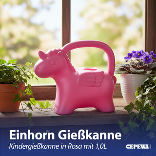 Gießkanne Einhorn Kunststoff rosa 22x19x10cm 1 Liter Kinder-Gießkanne Kanne Wasserkanne Gartenzubehör Motivkanne zum Gießen für Blumen