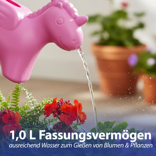 Gießkanne Einhorn Kunststoff rosa 22x19x10cm 1 Liter Kinder-Gießkanne Kanne Wasserkanne Gartenzubehör Motivkanne zum Gießen für Blumen