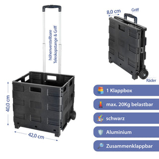 Klappbox Trolley schwarz 42x40x37cm Kunststoff Aluminium Klappkiste belastbar bis 20 Kg klappbar Transportbox Teleskopgriff