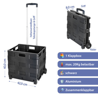 Klappbox Trolley schwarz 42x40x37cm Kunststoff Aluminium Klappkiste belastbar bis 20 Kg klappbar Transportbox Teleskopgriff