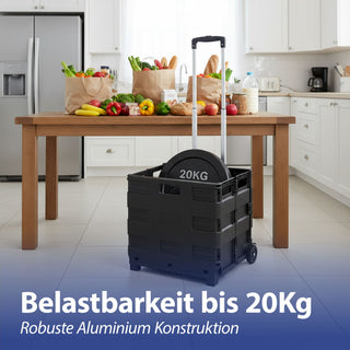 Klappbox Trolley schwarz 42x40x37cm Kunststoff Aluminium Klappkiste belastbar bis 20 Kg klappbar Transportbox Teleskopgriff