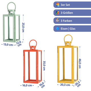 Laterne 3er Set grün orange gelb 3 Größen Metall Glas Windlicht Henkel Dekolaterne Kerzen Gartenlaterne Kerzenhalter