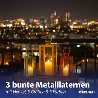 Laterne 3er Set grün orange gelb 3 Größen Metall Glas Windlicht Henkel Dekolaterne Kerzen Gartenlaterne Kerzenhalter