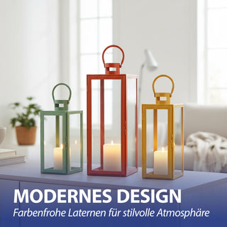 Laterne 3er Set grün orange gelb 3 Größen Metall Glas Windlicht Henkel Dekolaterne Kerzen Gartenlaterne Kerzenhalter