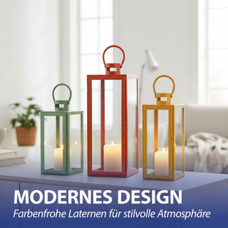 Laterne 3er Set grün orange gelb 3 Größen Metall Glas Windlicht Henkel Dekolaterne Kerzen Gartenlaterne Kerzenhalter