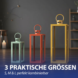 Laterne 3er Set grün orange gelb 3 Größen Metall Glas Windlicht Henkel Dekolaterne Kerzen Gartenlaterne Kerzenhalter