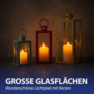 Laterne 3er Set grün orange gelb 3 Größen Metall Glas Windlicht Henkel Dekolaterne Kerzen Gartenlaterne Kerzenhalter