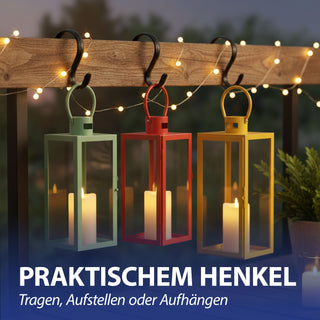 Laterne 3er Set grün orange gelb 3 Größen Metall Glas Windlicht Henkel Dekolaterne Kerzen Gartenlaterne Kerzenhalter