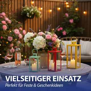 Laterne 3er Set grün orange gelb 3 Größen Metall Glas Windlicht Henkel Dekolaterne Kerzen Gartenlaterne Kerzenhalter