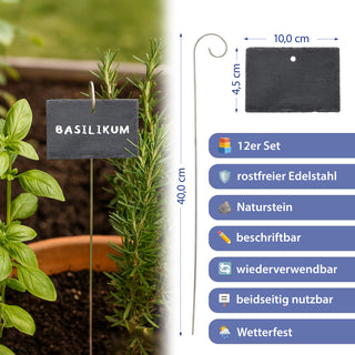 Gartenstecker Schieferschild 12er Set 10x40x4,5cm Edelstahl Schiefer Erdspieß Schilder zum Beschriften für Pflanzen Kräuter Beete