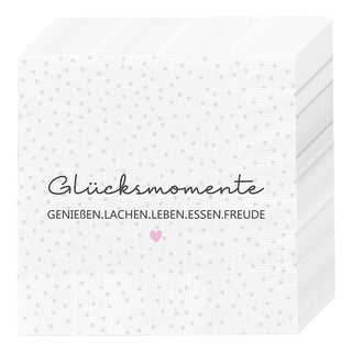 Servietten 'Glücksmomente' 80er Set 33x33cm 3-lagig Papierserviette weiß schwarz grau rosa Herz stoffähnlich Tuch Tischdeko
