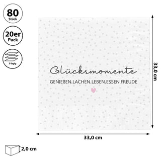 Servietten 'Glücksmomente' 80er Set 33x33cm 3-lagig Papierserviette weiß schwarz grau rosa Herz stoffähnlich Tuch Tischdeko