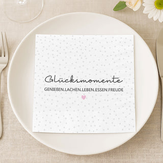 Servietten 'Glücksmomente' 80er Set 33x33cm 3-lagig Papierserviette weiß schwarz grau rosa Herz stoffähnlich Tuch Tischdeko