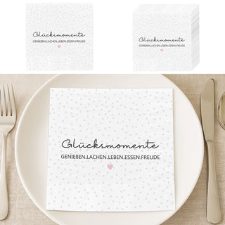 Servietten 'Glücksmomente' 80er Set 33x33cm 3-lagig Papierserviette weiß schwarz grau rosa Herz stoffähnlich Tuch Tischdeko