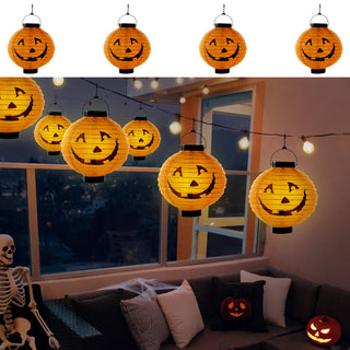 LED Papier Lampion Kürbis 4er Set Ø 20cm Kunststoff Papier orange schwarz batteriebetrieben Halloweendekoration Kürbisgesicht