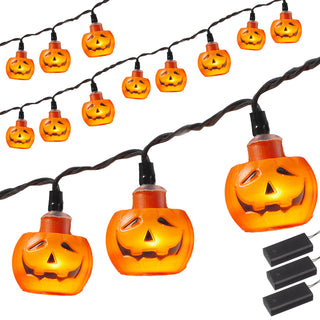 LED Lichterkette Kürbis 140cm orange 10 LEDs warmweiß Kunststoff Halloweendekoration Girlande 10 Kürbisgesichter