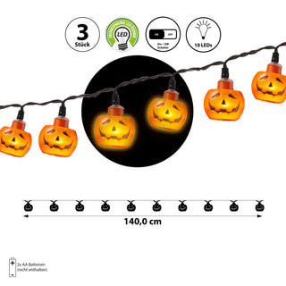 LED Lichterkette Kürbis 140cm orange 10 LEDs warmweiß Kunststoff Halloweendekoration Girlande 10 Kürbisgesichter