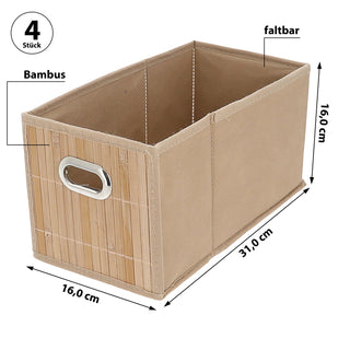 Aufbewahrungskorb Bambus 4er Set faltbar rechteckig 16x16x31cm Metall Grifflöcher Utensilienkorb Badezimmerkorb Bambusbox Faltkorb