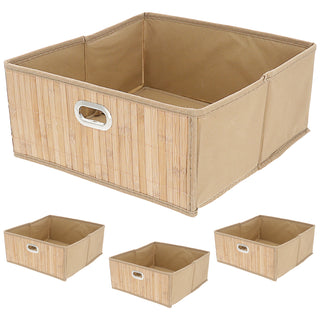 Aufbewahrungskorb Bambus 4er Set faltbar quadratisch 31x14x31cm Metall Grifflöcher Utensilienkorb Badezimmerkorb Bambusbox Faltkorb
