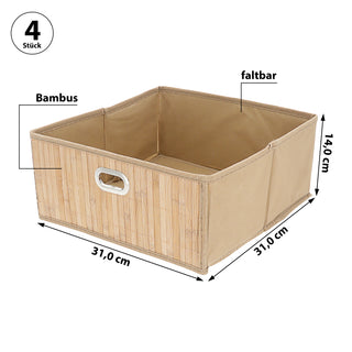 Aufbewahrungskorb Bambus 4er Set faltbar quadratisch 31x14x31cm Metall Grifflöcher Utensilienkorb Badezimmerkorb Bambusbox Faltkorb