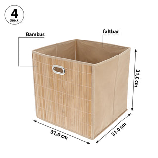 Aufbewahrungskorb Bambus 4er Set faltbar quadratisch 31x31x31cm Metall Grifflöcher Utensilienkorb Badezimmerkorb Bambusbox Faltkorb