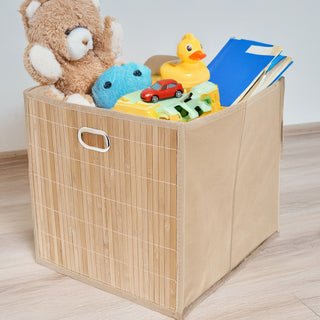 Aufbewahrungskorb Bambus 4er Set faltbar quadratisch 31x31x31cm Metall Grifflöcher Utensilienkorb Badezimmerkorb Bambusbox Faltkorb