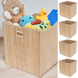 Aufbewahrungskorb Bambus 4er Set faltbar quadratisch 31x31x31cm Metall Grifflöcher Utensilienkorb Badezimmerkorb Bambusbox Faltkorb