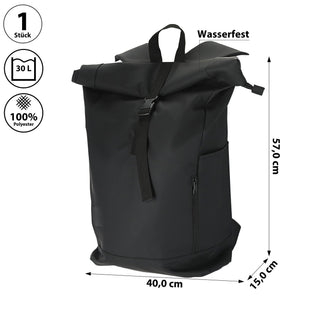 Falt Rucksack Minor 30l schwarz 40x57x15cm Polyester Water Resitant Rubber Finish Reißverschlusstaschen Eingriffstaschen wasserabweisend Rolltop