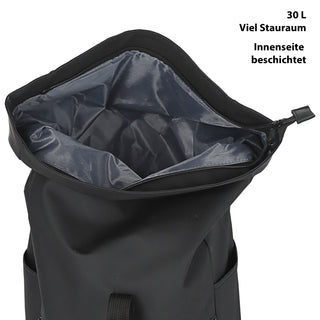 Falt Rucksack Minor 30l schwarz 40x57x15cm Polyester Water Resitant Rubber Finish Reißverschlusstaschen Eingriffstaschen wasserabweisend Rolltop