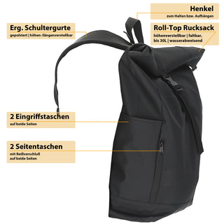 Falt Rucksack Minor 30l schwarz 40x57x15cm Polyester Water Resitant Rubber Finish Reißverschlusstaschen Eingriffstaschen wasserabweisend Rolltop
