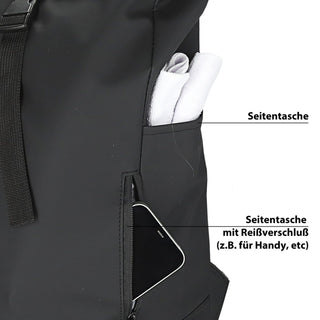 Falt Rucksack Minor 30l schwarz 40x57x15cm Polyester Water Resitant Rubber Finish Reißverschlusstaschen Eingriffstaschen wasserabweisend Rolltop