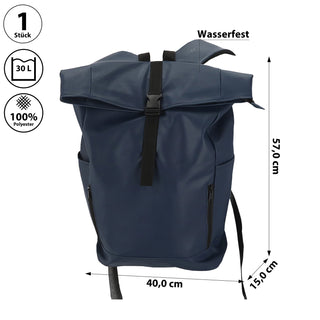 Falt Rucksack Minor 30l dunkelblau 40x57x15cm Polyester Water Resitant Rubber Finish Reißverschlusstaschen Eingriffstaschen wasserabweisend Rolltop