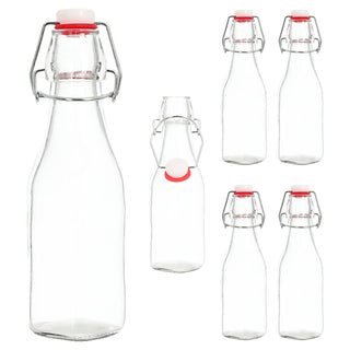 Bügelflasche 6er Set eckig 6,5x20cm 250ml Glas Metall Drahtbügelflasche Glasflasche Verschluss mit Silikon-Dichtung Vorratsflasche