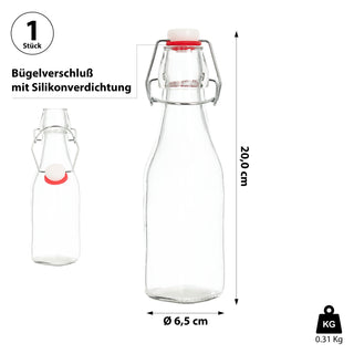 Bügelflasche 6er Set eckig 6,5x20cm 250ml Glas Metall Drahtbügelflasche Glasflasche Verschluss mit Silikon-Dichtung Vorratsflasche