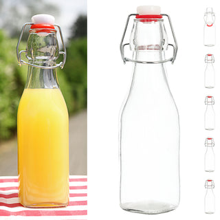 Bügelflasche 6er Set eckig 6,5x20cm 250ml Glas Metall Drahtbügelflasche Glasflasche Verschluss mit Silikon-Dichtung Vorratsflasche