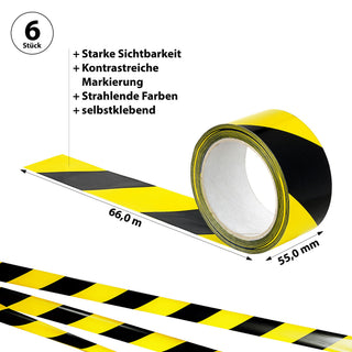 Markierungs-Klebeband Absperrband schwarz gelb 5,5cm breit 66m lang 6er Pack