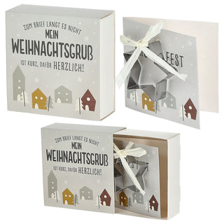 Geschenkbox Ausstecher 4 Motive Weihnachten Karton Metall 10,5x10x4cm Schachtel Grußkarte Nikolaus Weihnachtsgruß Weihnachtsrezept