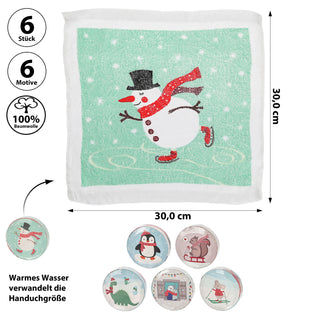 Magisches Handtuch 'Winterfreunde' 6er Set weihnachtliche Motive 30x30cm Baumwolle Waschlappen Zaubertuch Zauberhandtuch Tuch