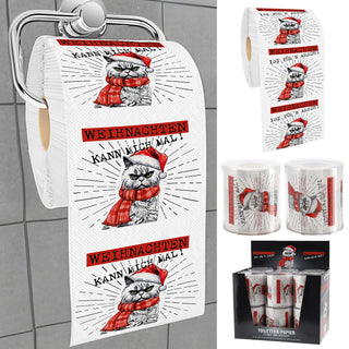 Toilettenpapier 'XMAS CAT' in Dose 12er Set Papier 18gr/qm 2-lagig 24m PVC Klopapier bedruckte Rollen WC-Papier 2 Motive Kunststoffdose